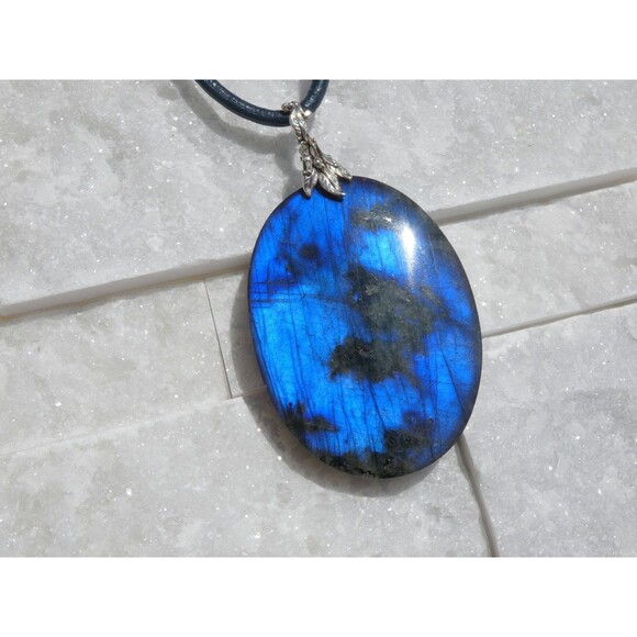 Big Blue Spectrolite Labradorite - Sterling Silver Botanical Blue Cord Necklace - Picture 3 of 5